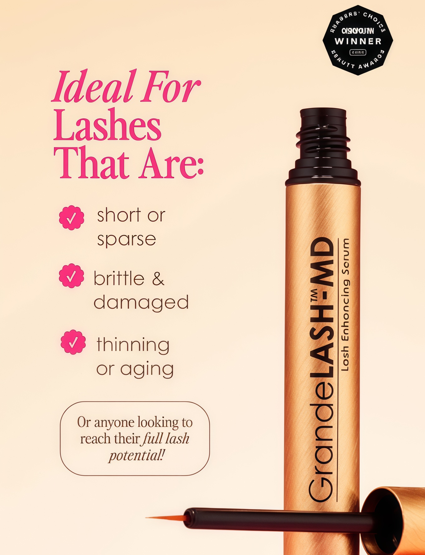 Grande Cosmetics GrandeLASH-MD Lash Enhancing Serum - Peptide & Vitamin Infused Formula for Longer, Thicker, Fuller Looking Lashes - Ophthalmologist Tested, Cruelty-Free